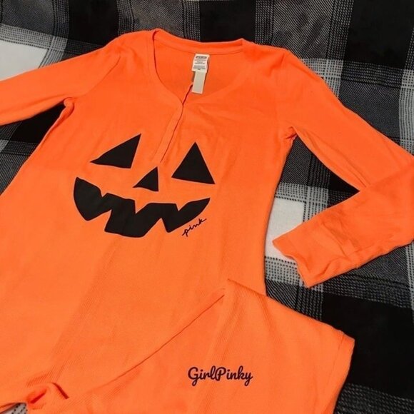 Victoria's Secret Pink JACK O LANTERN Onesie HALOGEN ORANGE HALLOWEEN MEDIUM - Picture 6 of 7